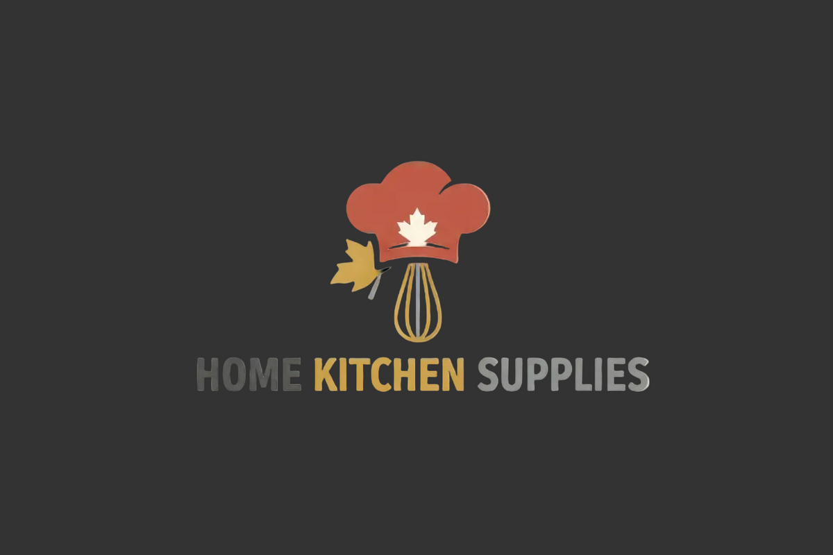 A logo-style graphic on a warm beige background with the words 'HOME KITCHEN SUPPLIES' beneath a chef hat and whisk icon featuring a white maple leaf.